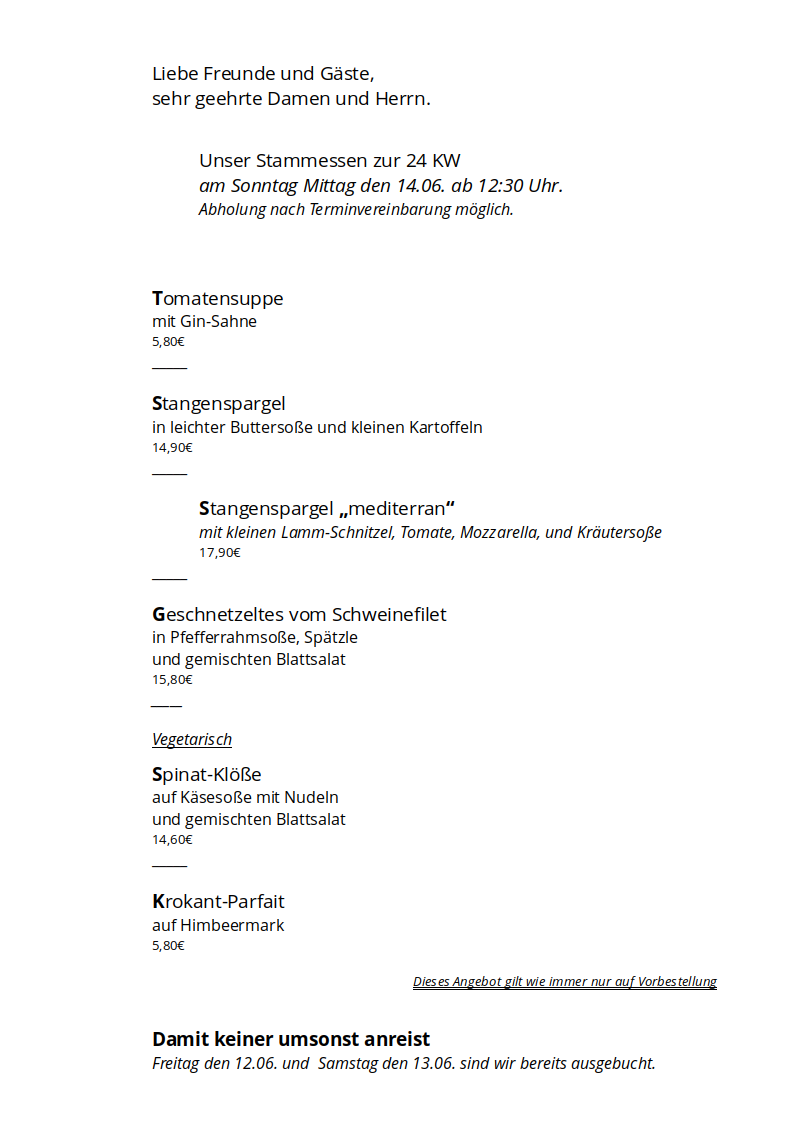 Unser Stammessen zur 24 KW 2026 am Sonntag den 14..06.. in Hohmanns Restaurant Im Leiterich (Tenniscenter9 55585 Norheim